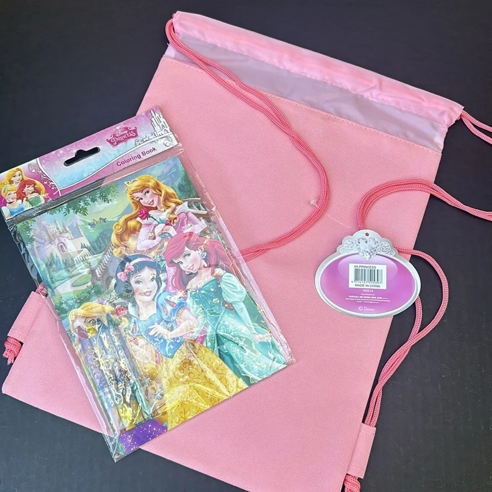 New Disney Princess Hot Pink Drawstring Bag With Coloring Book